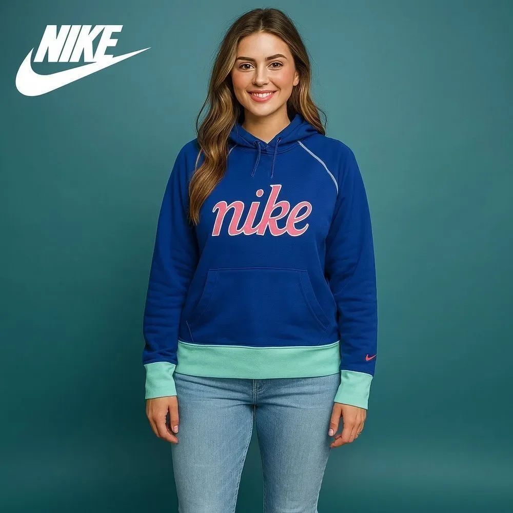 Nike Women Therma-Fit Blue Pink Green Embroidered Logo Kangaroo Pocket Hoodie M
